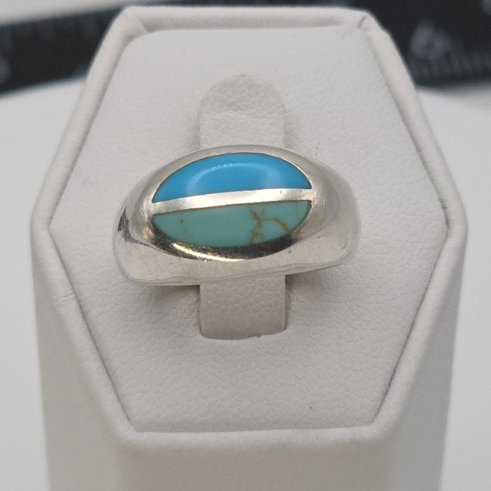 Vintage NF Thailand Ring Turquoise Howlite‎ Inlaid 925 Sterling Silver Size 7